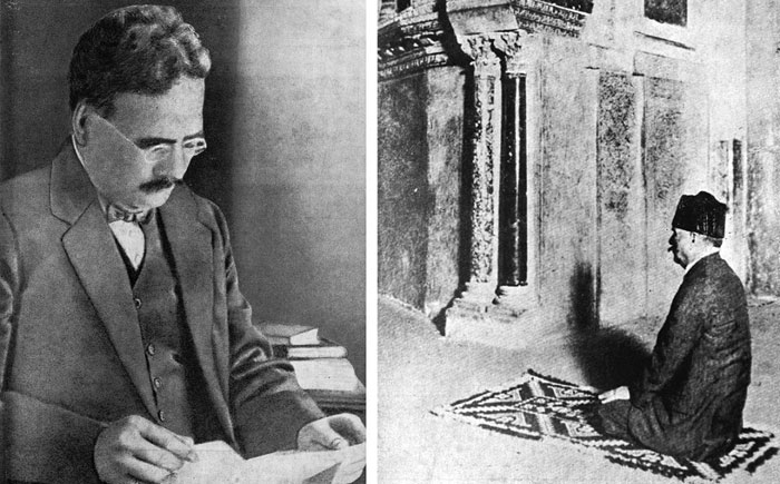 Mohammed Iqbal dans sa bibliothèque (à g.) et à la mosquée de Cordoue, en Espagne, en 1933 (à dr.). (Photos : © Iqbal Academy)