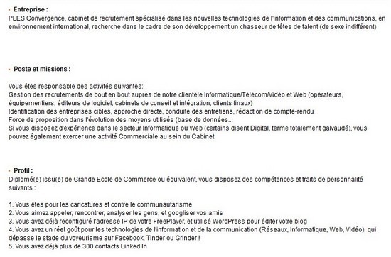 Recherche collaborateur « pour les caricatures et contre le communautarisme », un critère assumé Recherche collaborateur « pour les caricatures et contre le communautarisme », un critère assumé