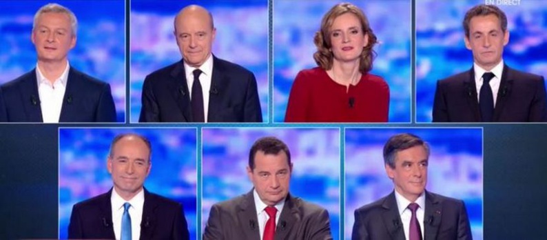 Les sept candidats à la primaire de la droite et du centre se sont affrontés dans un premier grand débat organisé le 13 octobre par TF1, RTL et Le Figaro. © TF1