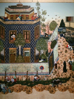 « Lovers Pinicking » (2010) est une œuvre de Soody Sharifi, qui mêle scènes traditionnelles de la miniature persane et photographies de la société iranienne actuelle. Elle a été présentée à l’IMA lors de l’exposition « Jardins d’Orient » en 2015 (photo : © Saphirnews)