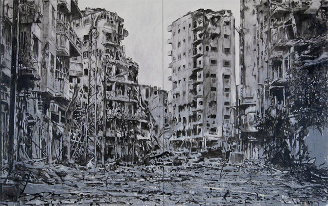 Tableau de la série « Storeys » de l’artiste syrien en exil Tammam Azzam (250 X 200 cm, acrylique, 2015) (© Tammam Azzam)