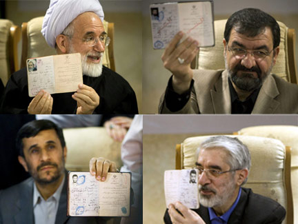 De gauche à droite, de haut en bas : Mehdi Karoubi, Mohsen Rezaï, Mahmoud Ahmadinejad et Mir-Hossein Moussavi.