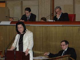 Séance plénière du Conseil économique et social, le 25 février 2009 : Fatiha Benatsou est rapporteur pour « Les entreprises dans les zones franches urbaines ». (Photo : © CES)