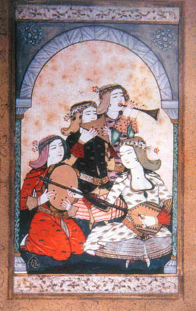 Musiciens et leurs instruments de musique, miniature de Levni, XVIIIe s., palais de Topkapi.