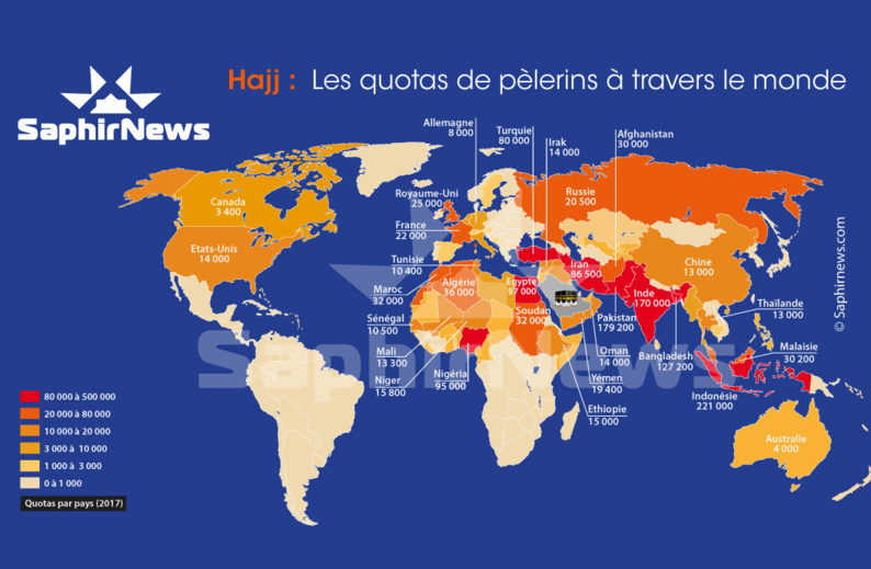 La carte des quotas de pèlerins au Hajj par pays en 2017 - Cliquez pour voir en plus grand. La carte des quotas de pèlerins au Hajj par pays en 2017 - Cliquez pour voir en plus grand.