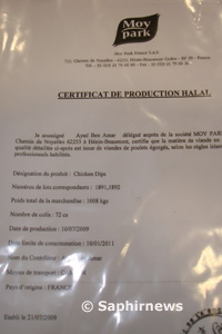 Certificat halal pour les produits Chickens Dips, délivré par la société Moy Park.