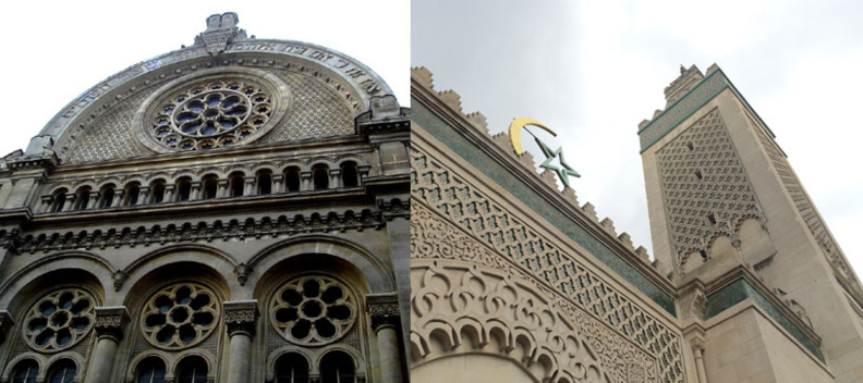En France, les conversions annuelles au judaïsme et à l’islam sont estimées respectivement à 400 et à 4 000. Ici, la grande synagogue de Paris (à g.) et la grande mosquée de Paris.