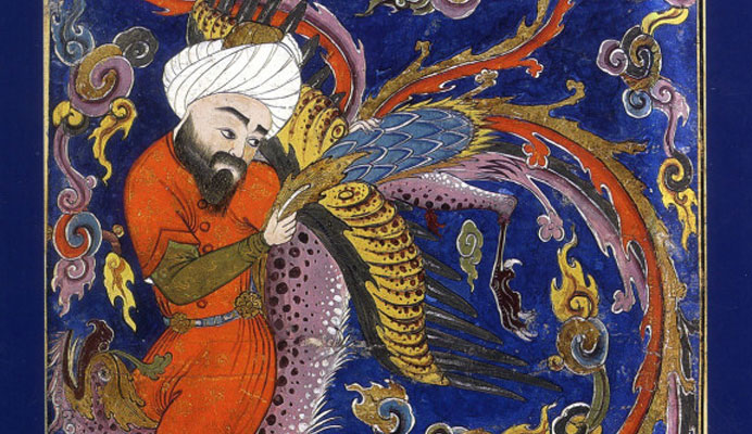 Le recueil de poèmes « Le Cantique des oiseaux », publié en 1177 par le poète persan Farid al-Din Attar (1142- m. entre 1190-1229), est certainement le texte le plus célèbre de la pensée soufie. (photo : Hippocrate porté au ciel par Sîmorgh © Topkapi Palace Museum Library)