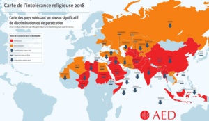 Carte de l'intolérance religieuse en 2018, par AED (cliquez dessus).