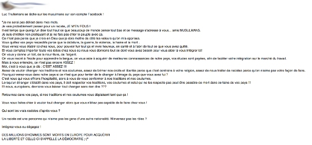 Les propos islamophobes supposés de Luc Trullemans, qui ne sont plus visibles sur sa page Facebook. Les propos islamophobes supposés de Luc Trullemans, qui ne sont plus visibles sur sa page Facebook.
