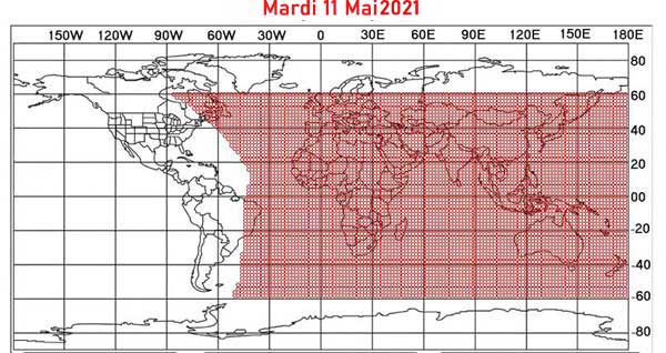La carte de visibilité du croissant lunaire en date du mardi 11 mai 2021 afin de déterminer la fin du mois du Ramadan et, de ce fait, le début du mois de Chawwal 1442/2021. © ICOP