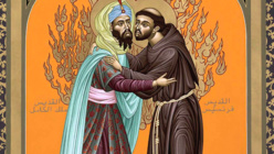 La rencontre entre François d'Assise et le sultan Al-Kamil en 1219 illustrée. La rencontre entre François d'Assise et le sultan Al-Kamil en 1219 illustrée.