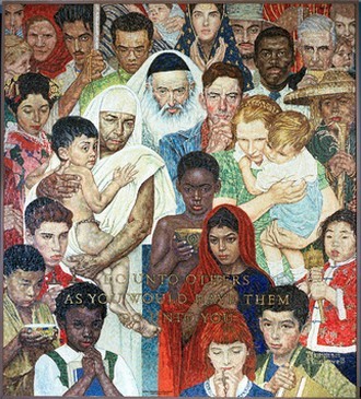 « La règle d'or ». La mosaïque est inspirée de la peinture de l’artiste américain Norman Rockwell, intitulée La Règle d'or. Rockwell voulait illustrer comment la Règle d'or est un thème commun dans la majorité des religions à travers le monde. Elle représente des gens de toutes races, convictions et couleurs avec dignité et respect. La mosaïque porte une inscription signifiant : « Comporte-toi avec les autres comme tu voudrais qu'ils le fassent avec toi. » (Photo ONU/Milton Grant)