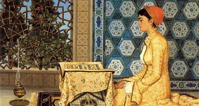 Une jeune femme lisant le Coran  par le peintre turc Osman Hamdi Bey (Turquie, 1842-1910), vers 1880. Huile sur toile 41,1 x 51 cm Collection privée.