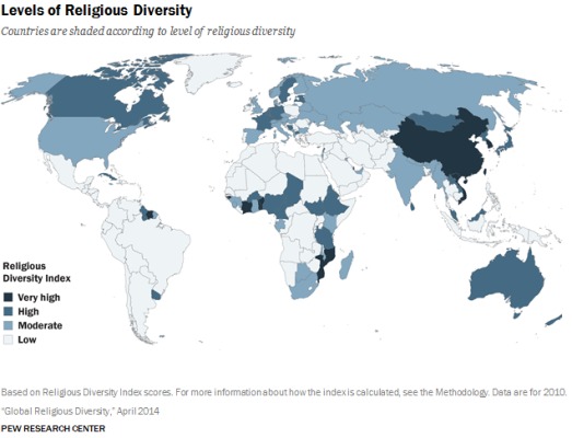 La carte de la diversité religieuse de Pew Research.