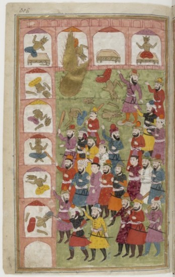 Le Prophète Muhammad, sous la forme d’un nimbe dorée (en haut à gauche de l’image), détruit les idoles de la Kaaba. Miniature du Cachemire, XIXe siècle (Paris, BnF, Manuscrits orientaux, Supplément persan 1030, fol. 306).