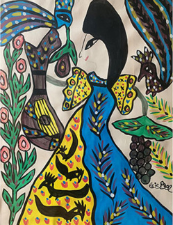 1998 - BAYA, Femme, oiseaux, grappe et fleurs, 1998. Gouache sur papier, 64,5 x 49,5 cm. Collection Claude et France Lemand