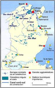 Carte des ressources en eau de la Tunisie, Manuel d'Histoire-Géographie Nathan, 1997.