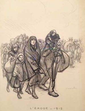 La gravure de Théophile Alexandre Steinlein, intitulée "L'exode - 1915" est d'une étonnante actualité, l'Europe faisant actuellement face à l'une des plus graves crises migratoires depuis la Seconde Guerre mondiale.