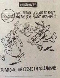 Le dessinateur Riss de Charlie Hebdo a fait publier, mercredi 13 janvier, ce dessin scandaleux peignant le défunt Aylan en « tripoteur de fesses ».