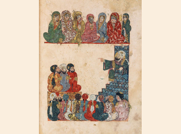 « Séance 21 : À la mosquée, un prédicateur délivre un sermon sur l'égalité de tous face à la mort », Muhammad al-Qâsim al-Harîrî, al-Maqâmât (Séances), miniature et calligraphie de Yahya ibn Mahmûd al-Wâsitî, Iraq, 1237. (© Bibliothèque nationale de France)