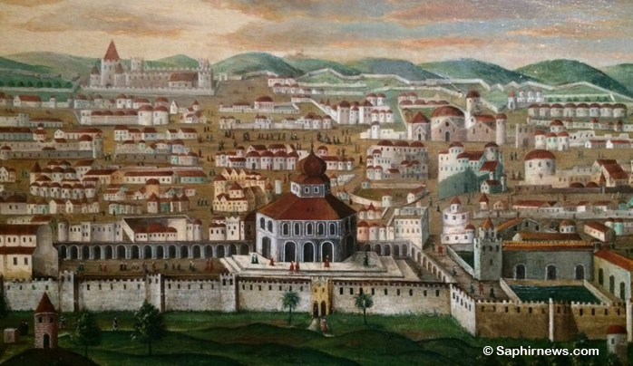 « Vue de Jérusalem », tableau de 1740, musée d’Art et d’Histoire du judaïsme. Probablement peinte à Jérusalem, cette toile a dû être réalisée en mémoire d’un pèlerinage ou voyage en Terre sainte. Quatre-vingts lieux saints chrétiens de la ville et des environs sont numérotés en allemand en bas du tableau. Parmi les édifices se trouvent l’église du Saint-Sépulcre et le dôme du Rocher, au centre, mentionné sous le nom de temple de Salomon. (Photo prise lors de l’exposition « Lieux saints partagés », au musée de l’Histoire de l’immigration, en octobre 2017.)