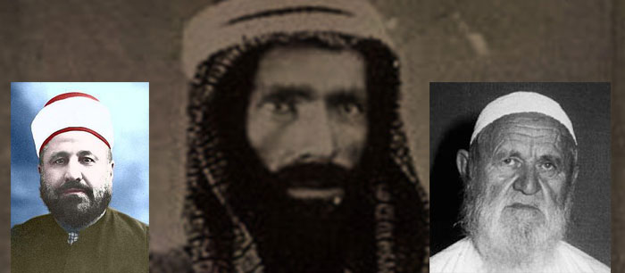 Au centre, Muhammad ben 'Abd al-Wahhāb (m. 1792), qui donne son nom à la doctrine du wahhabisme ; à gauche, Muhammad Rashid Rida (m. 1935) ; à droite, Muhammad Nasir-ud-Din al-Albani (m. 1999).