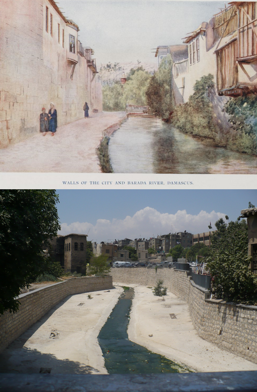 Le fleuve Barada dans une illustration de 1868 (au-dessus) et en 2008 (en dessous)