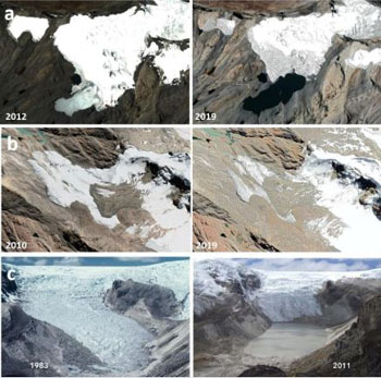 Avancée de la fonte des glaciers Pastoruri (a), Shullcón (b) et Qori Kalis (c) au Pérou. © Jesús Gomez