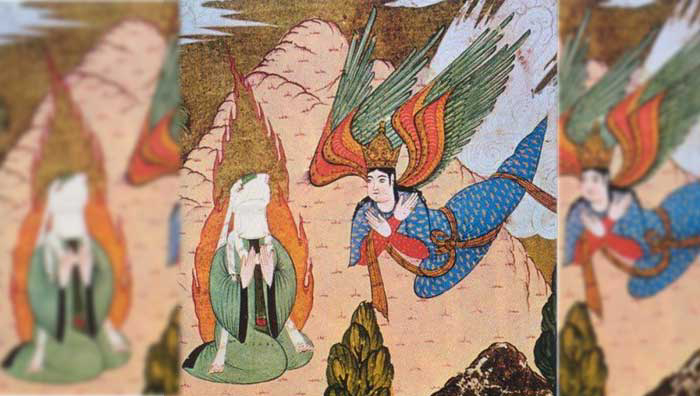 Le Prophète Muhammad recevant la Révélation par l'entremise de l'ange Gabriel sur le mon Hira. (Miniature Turque du XVIe siècle, musée de Topkapi, Istanbul, Turquie)