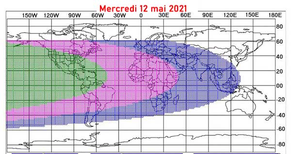 La carte de visibilité du croissant lunaire en date du mercredi 12 mai 2021 afin de déterminer le début du mois de Chawwal 1442/2021. © ICOP