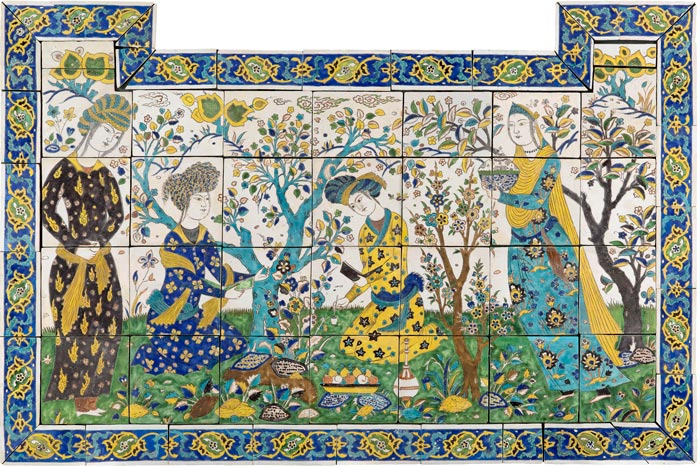 Panneau de revêtement à la joute poétique, daté du XVIIe siècle, en provenance d'Ispahan, dans l'actuel Iran. © 2012 Musée du Louvre / Raphaël Chipault