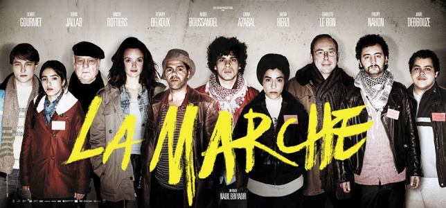 L'affiche du film La Marche de Nabil Ben Yadir avec Jamel Debbouze, Charlotte Le Bon et Hafsia Herzi, qui sortira le 27 novembre au cinéma.