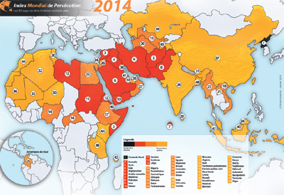 La carte de l'Index mondial de persécutions. (En noir, les pays où la persécution est absolue, en rouge, les pays où la persécution est très sévère, en orange, où elle est extrême et en jaune, où elle est sévère).
