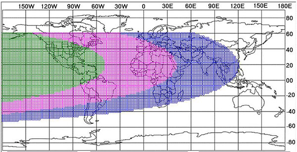 Selon cette carte prévisionnelle de l’ICOP pour le dimanche 1er mai 2022, le croissant lunaire devrait être visible depuis une très grande partie de la planète : à l’œil nu (vert), à l’aide de télescopes ou à l’œil nu si les conditions météorologiques le permettent (magenta), et à l’aide de télescopes (bleu).