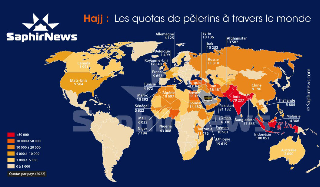 La carte des quotas de pèlerins au Hajj par pays en 2022 - Cliquez pour voir en plus grand.