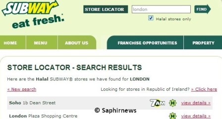 Capture d'écran du site de Subway concernant ses points de vente estampillés halal.