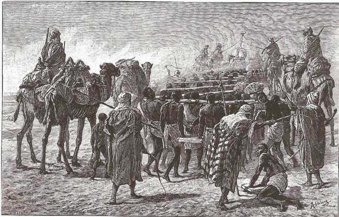 Des marchands arabes et des esclaves noirs traversant le Sahara