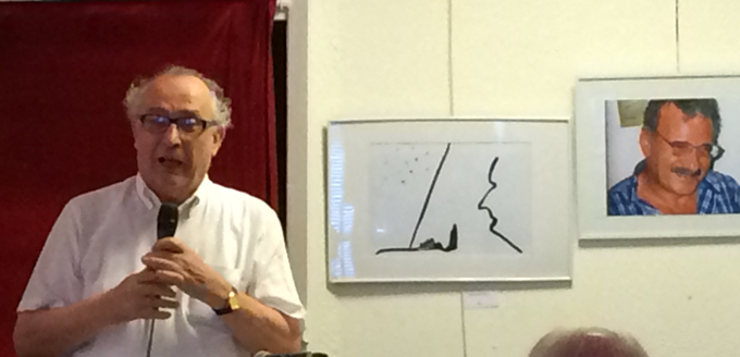 Le P. Régis Morelon, durant la soirée d'hommages rendus à Mahmoud Azab, le samedi 5 juillet 2014, à l'Espace Scribe-L'Harmattan (Paris), à laquelle une quarantaine d'amis, de proches et de collègues a assisté.