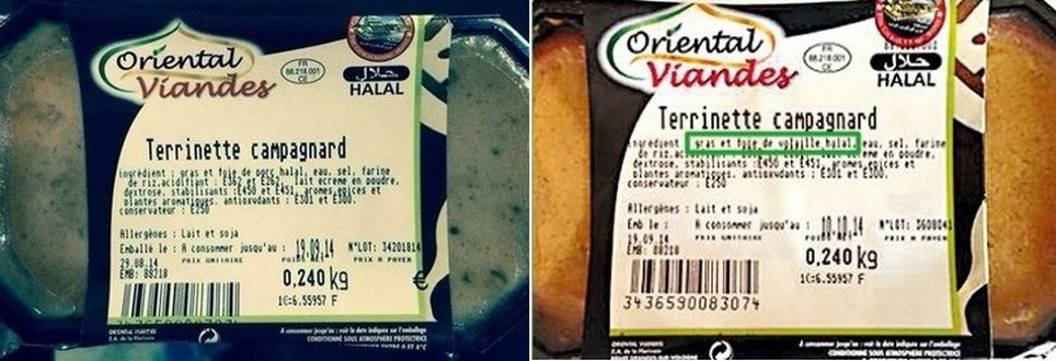 La marque Oriental Viandes a vu des étiquettes de produits halal falsifiés. Ici à gauche, le faux étiquetage avec du supposé porc ; à droite, l'étiquette conforme.