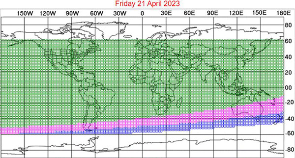 Selon cette carte prévisionnelle de l’IAC pour le vendredi 21 avril 2023, le croissant lunaire sera visible partout dans le monde.