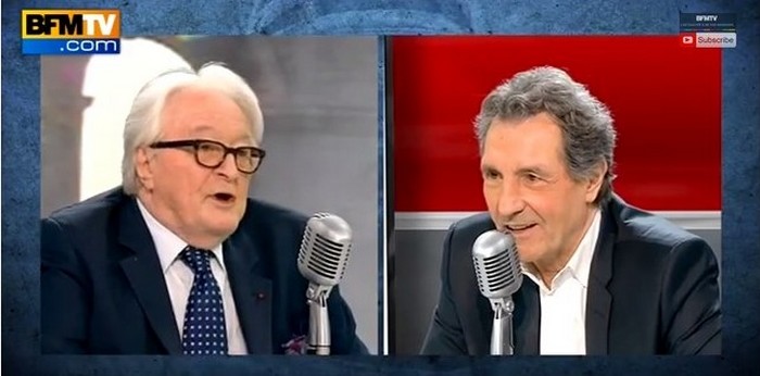 Valls « sous influence juive », Roland Dumas (à g.) face à Jean-Jacques Bourdin lundi 16 février dans une interview.