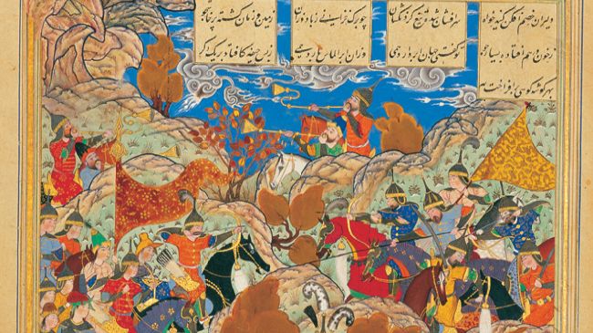 Scène de bataille entre Timur et le roi égyptien, miniature persane de Behzad, 1515, conservée au Palais du Golestan, à Téhéran.