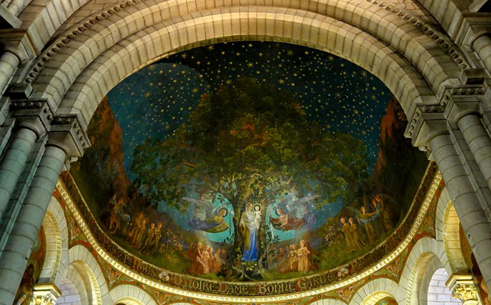 « Apparition de la Vierge aux druides », fresque de François Zbinden, se trouvant dans l'abside de la basilique Notre-Dame-de-Bonne-Garde, de Longpont, dans l'Essonne (photo : P. Poschadel)