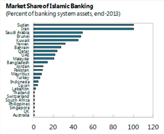Le Soudan, l'Iran, l'Arabie Saoudite, le Brunei et le Koweït font partie du top 5 des pays dont la finance islamique détient plus de 50 % de part de marché. (source : FMI)