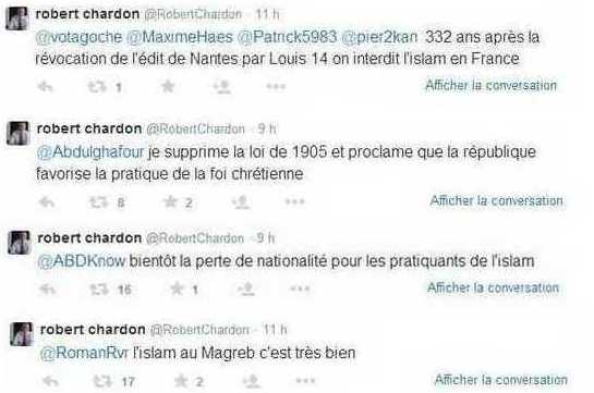 Compilation de tweets de Robert Chardon postés le 14 mai. © Saphirnews