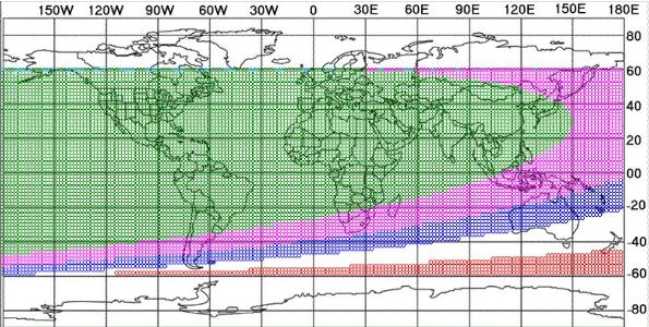 Selon cette carte prévisionnelle de l’ICOP pour le vendredi 7 juin 2024, le croissant lunaire devrait être visible depuis une très grande partie de la planète : à l’œil nu (vert), à l’aide de télescopes ou à l’œil nu si les conditions météorologiques le permettent (magenta), et à l’aide de télescopes (bleu).