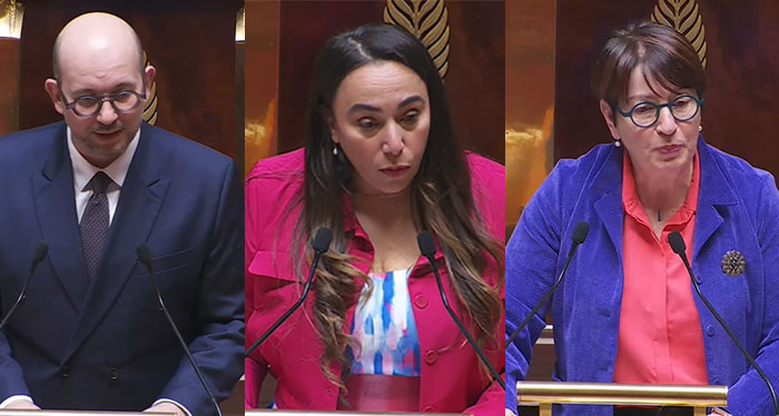 Les députés Sabrina Sebaihi (au centre), Ludovic Mendes et Marietta Karamanli sont les rapporteurs du débat autour de l’islamophobie organisé mercredi 26 mars à l’Assemblée nationale. © Capture d’écran Assemblée nationale