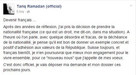 « Devenir Français » : Tariq Ramadan demande la nationalité française
